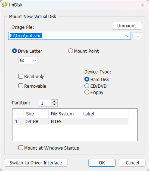 使用 ImDisk 挂载 NTFS 分区镜像